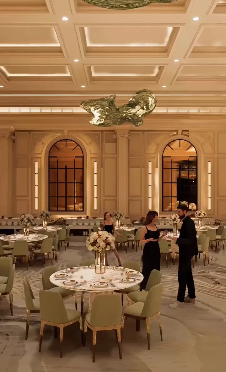 Visualisation: Round dining tables set beneath tall arched windows