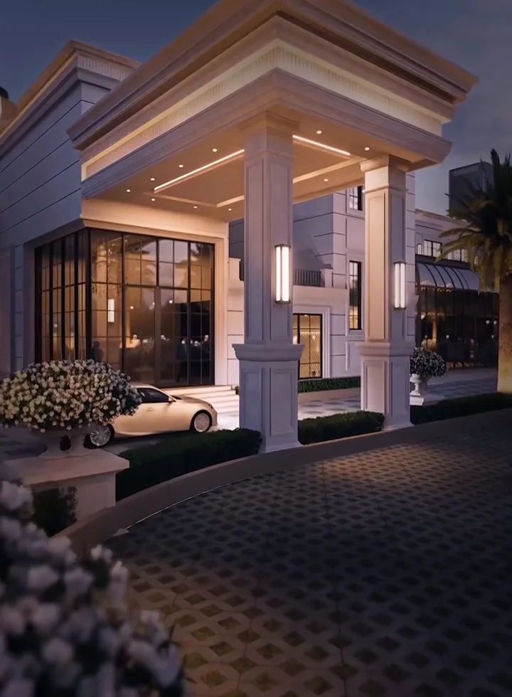 Visualisation: The Ellysiaa entrance porch with columns and warm evening lighting