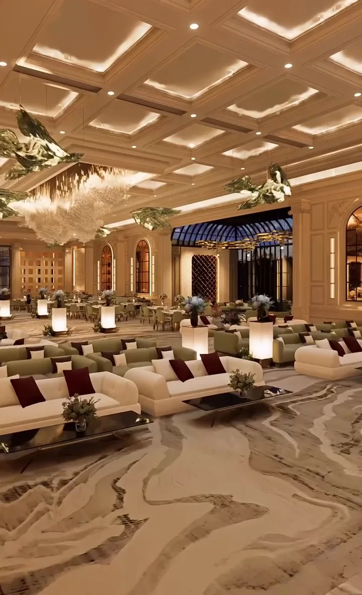 Visualisation: Lounge seating in ivory and sage across a celebration hall