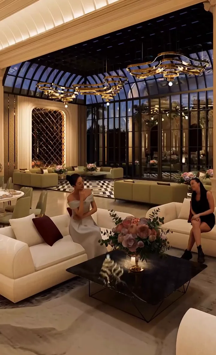 Visualisation: Figures relaxing in a lounge setting beneath a glass roof